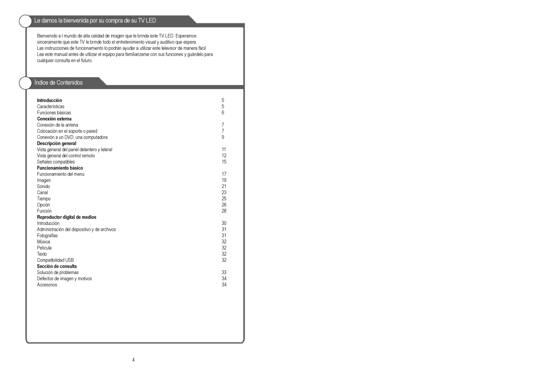 Continental Electric CELED48157 instruction manual Le damos la bienvenida por su compra de su TV LED, Índice de Contenidos 