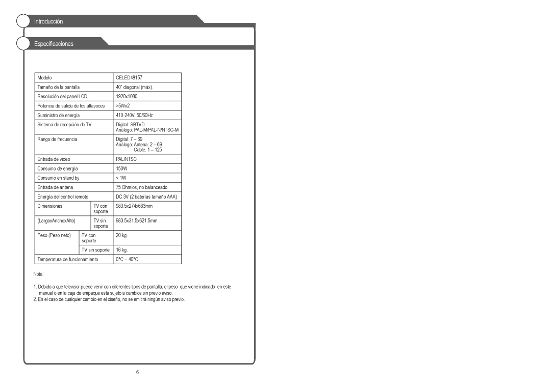 Continental Electric CELED48157 instruction manual Introducción Especificaciones, Pal/Ntsc 