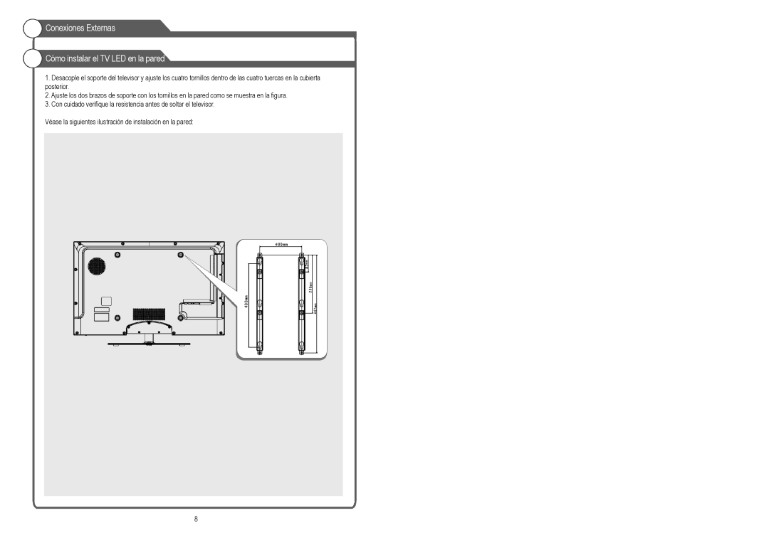 Continental Electric CELED48157 instruction manual Conexiones Externas Cómo instalar el TV LED en la pared 