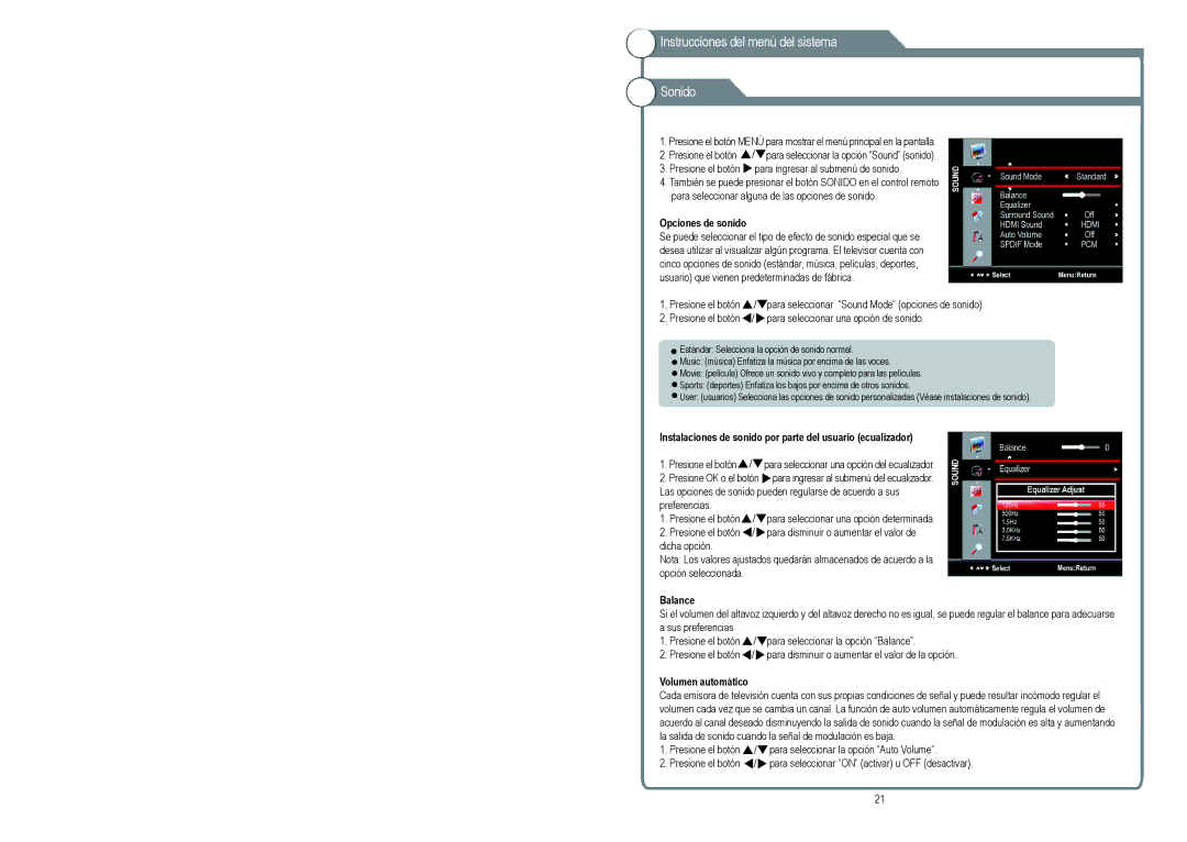 Continental Electric CELED48157 Instrucciones del menú del sistema Sonido, Opciones de sonido, Balance, Volumen automático 