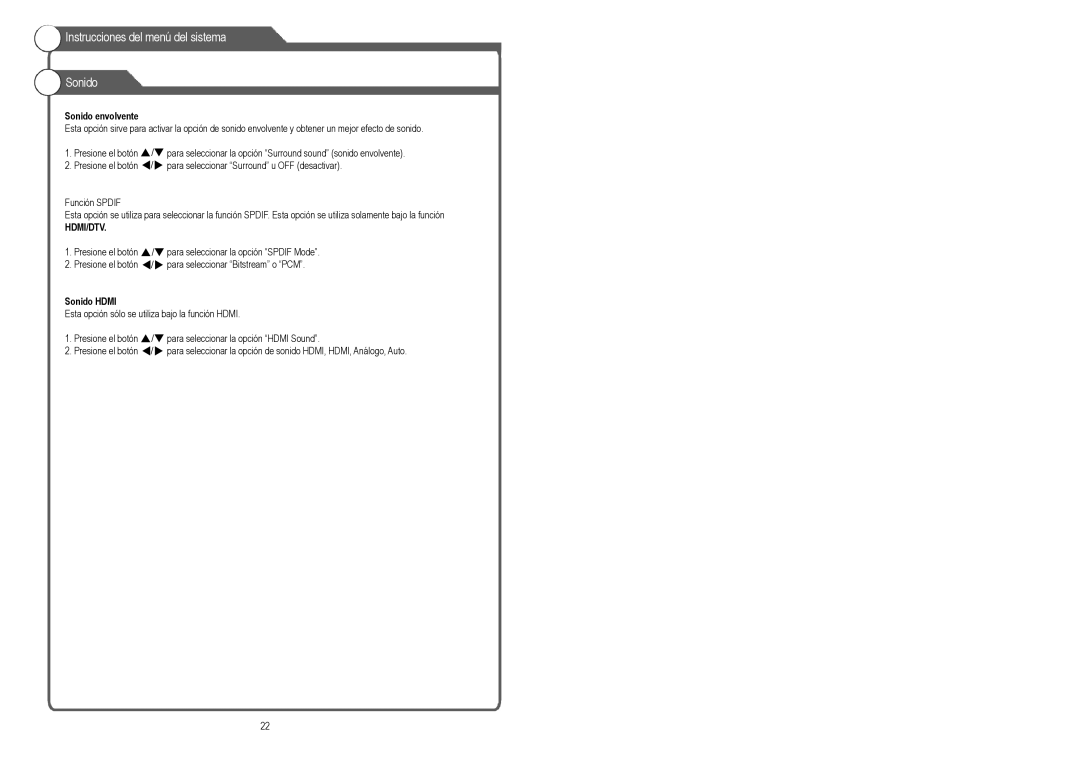 Continental Electric CELED48157 instruction manual Sonido envolvente, Sonido Hdmi 