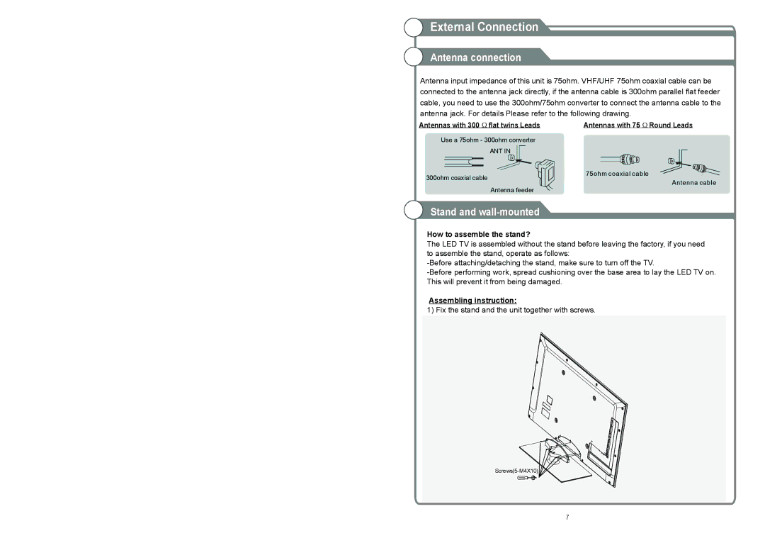 Continental Electric CELED48157 instruction manual External Connection, Antenna connection, Stand and wall-mounted 