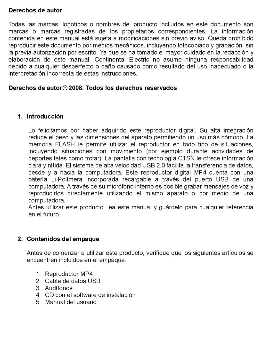 Continental Electric CEMP16223, CEMP16224, CEMP16222 instruction manual Derechos de autor, Contenidos del empaque 