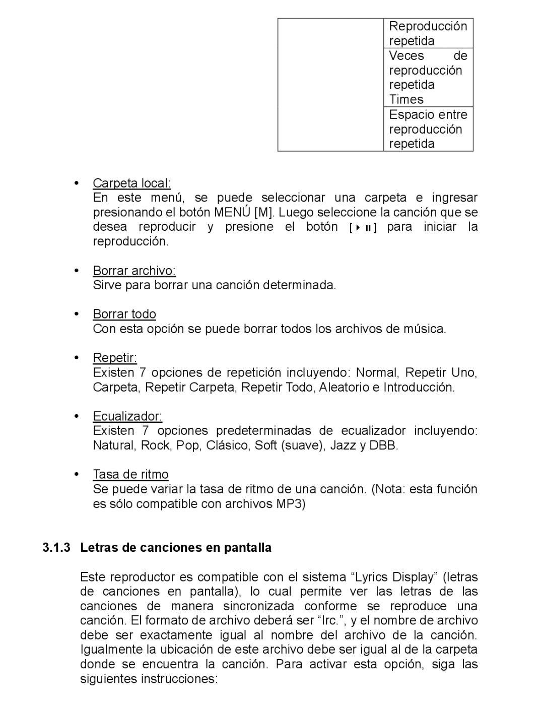 Continental Electric CEMP16224, CEMP16223, CEMP16222 instruction manual Letras de canciones en pantalla 