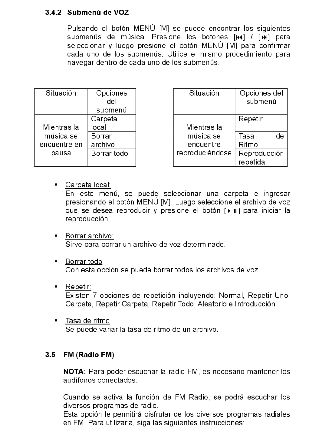 Continental Electric CEMP16223, CEMP16224, CEMP16222 instruction manual Submenú de VOZ, FM Radio FM 