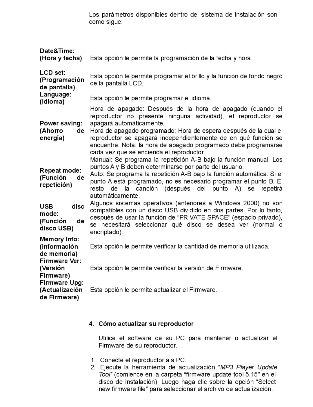 Continental Electric CEMP16222, CEMP16223, CEMP16224 Date&Time Hora y fecha, Cómo actualizar su reproductor 