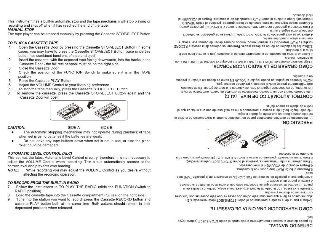 Continental Electric CEPD64381 instruction manual Cassette DE Cinta UNA Reproducir Cómo, Manual Detenido 