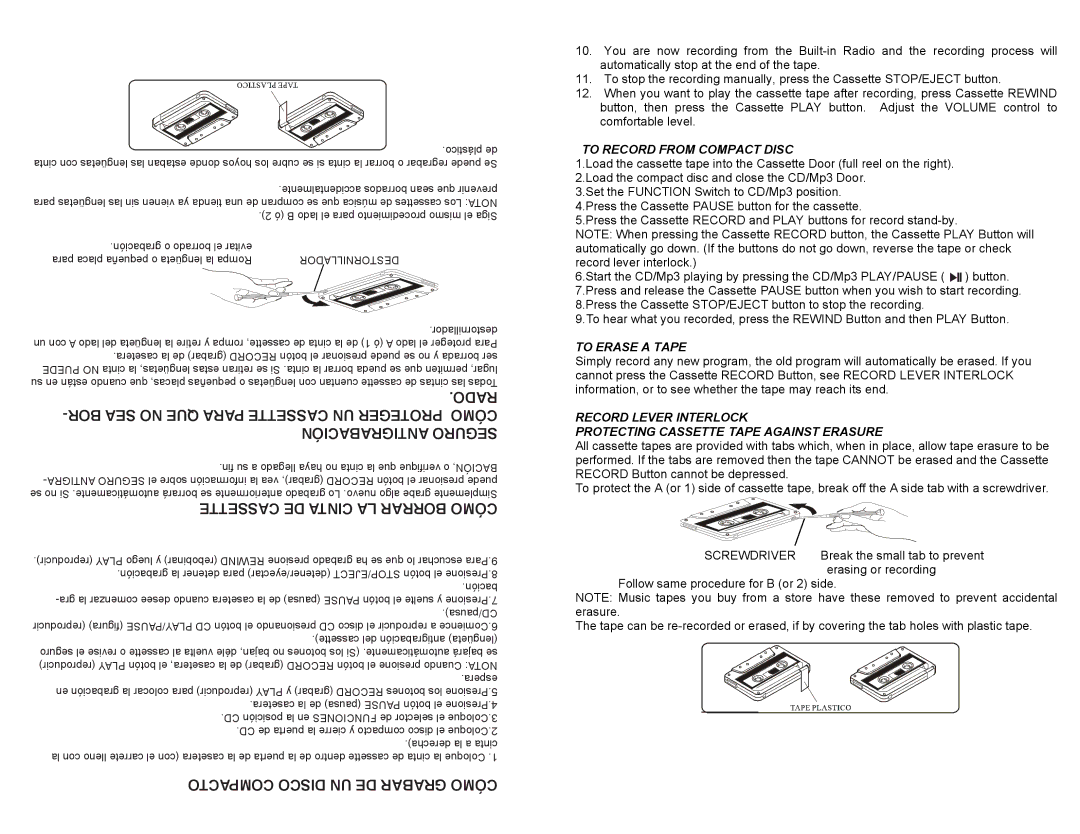 Continental Electric CEPD64381 Compacto Disco UN DE Grabar Cómo, To Record from Compact Disc, To Erase a Tape 