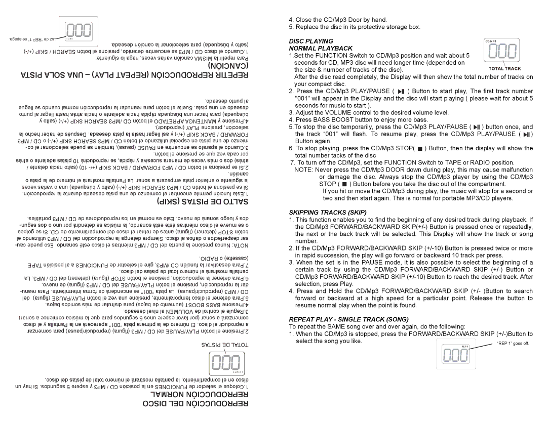 Continental Electric CEPD64381 instruction manual Canción, Pista Sola UNA Play Repeat Reproducción Repetir 