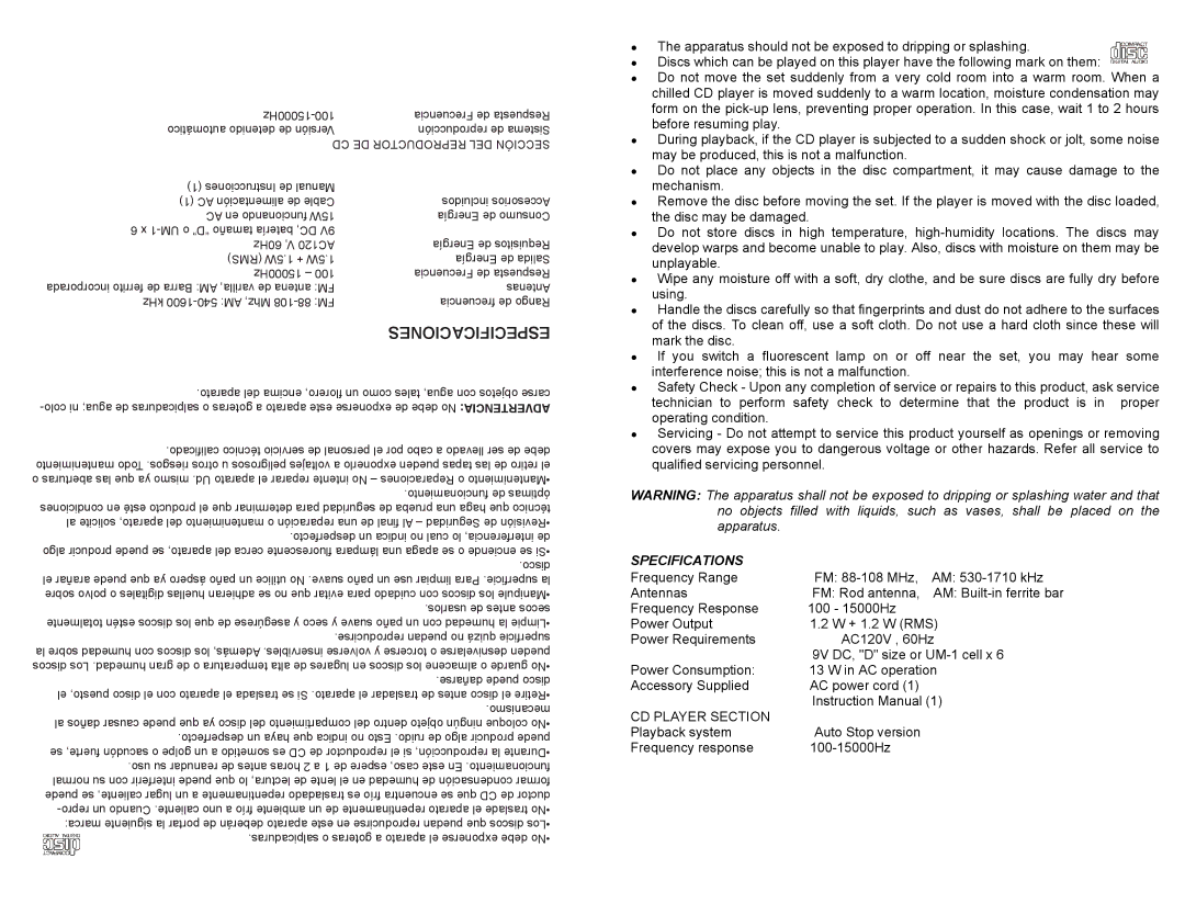 Continental Electric CEPD64381 instruction manual Especificaciones, Specifications, CD DE Reproductor DEL Sección 