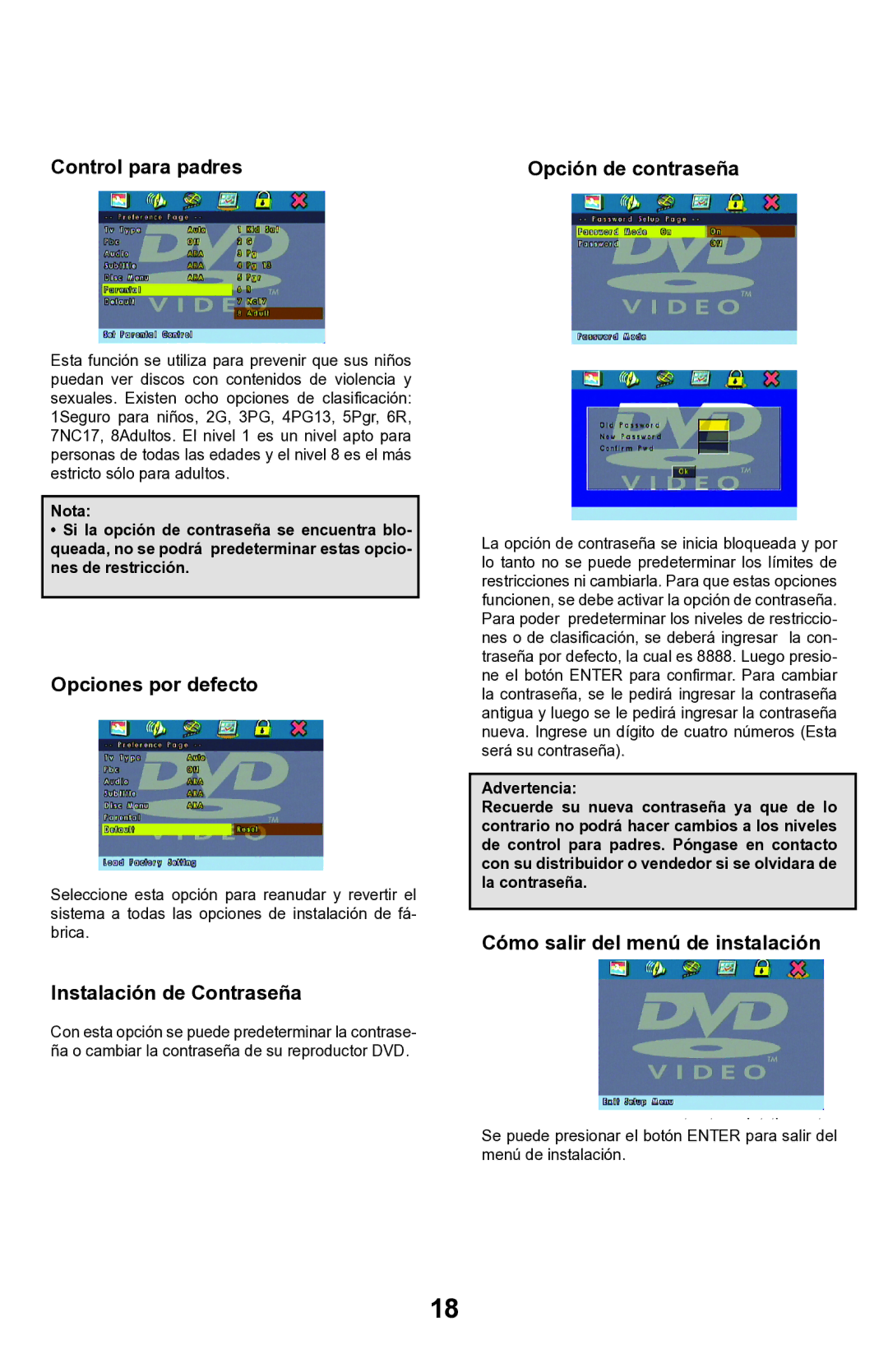 Continental Electric CEPDV97785 manual Control para padres Opción de contraseña, Opciones por defecto efault 