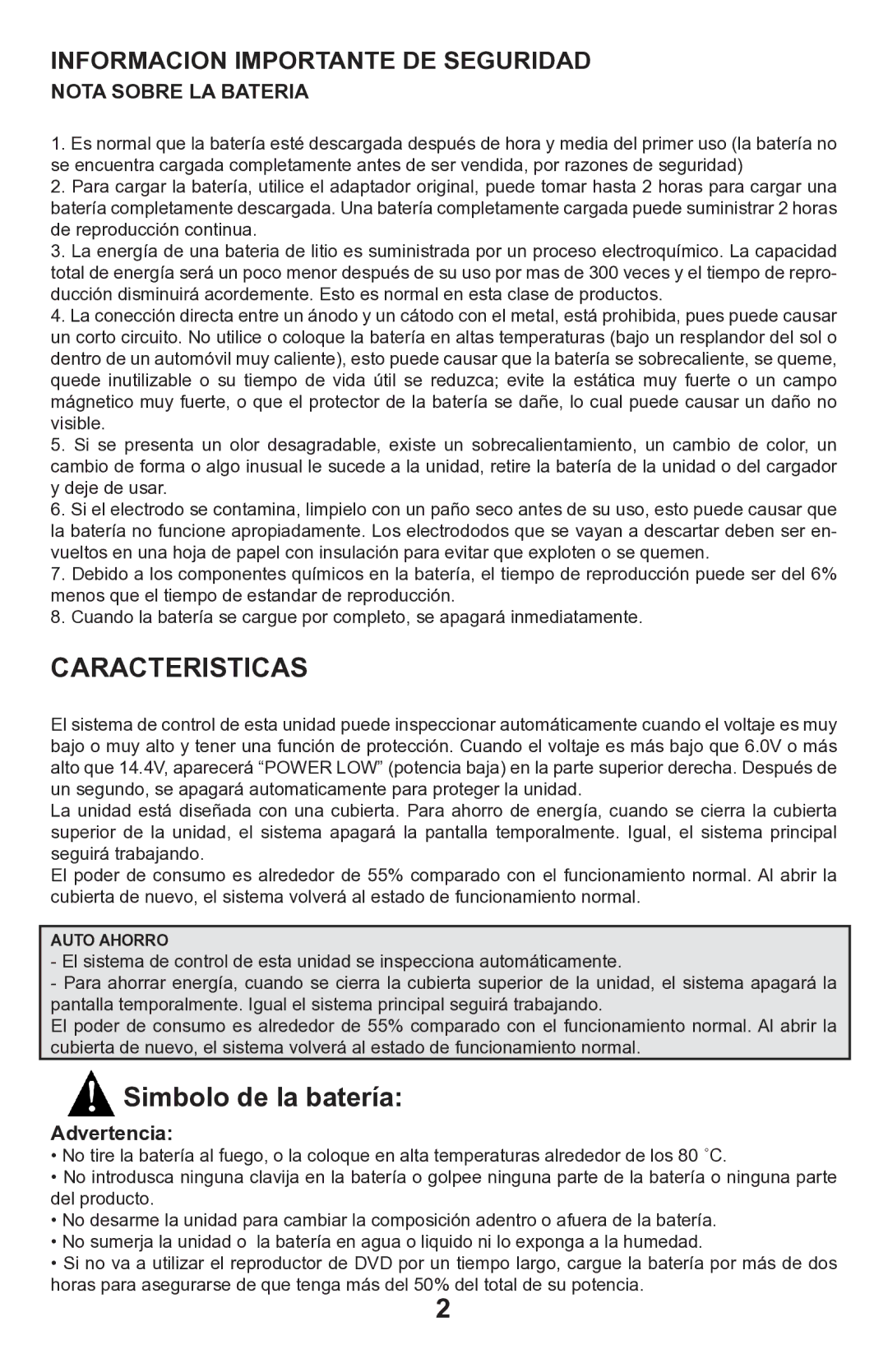 Continental Electric CEPDV97785 manual Caracteristicas, Nota Sobre LA Bateria, Advertencia 