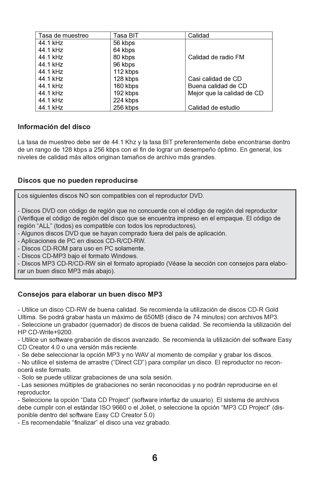 Continental Electric CEPDV97785 manual Discos que no pueden reproducirse, Consejos para elaborar un buen disco MP3 