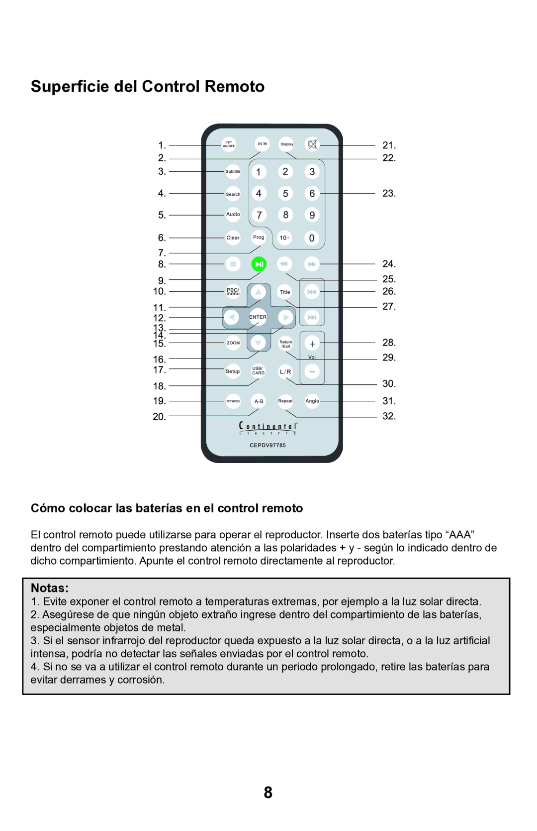 Continental Electric CEPDV97785 manual Cómo colocar las baterías en el control remoto, Notas 