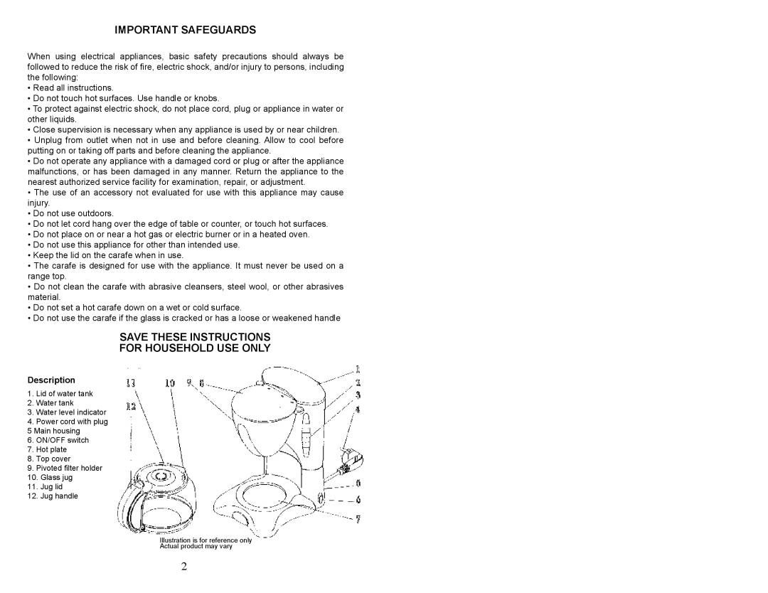 Continental Electric CM43635 Important Safeguards, Save These Instructions For Household Use Only, Description 
