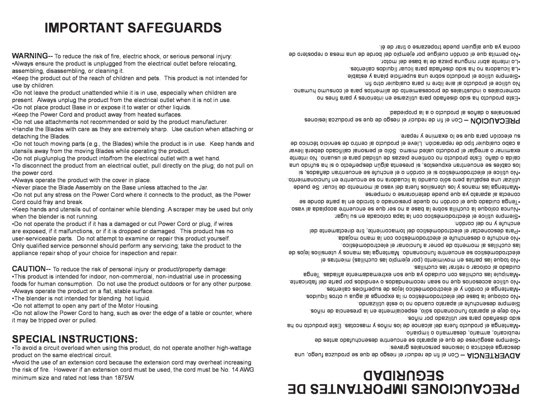 Continental Electric CP42148 user manual Important Safeguards, Seguridad De Importantes Precauciones, Special Instructions 
