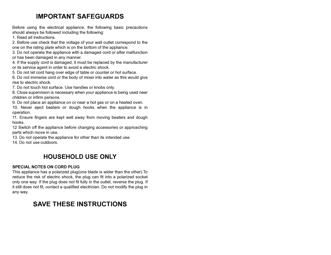 Continental Electric CP43139 manual Important Safeguards, Household USE only 