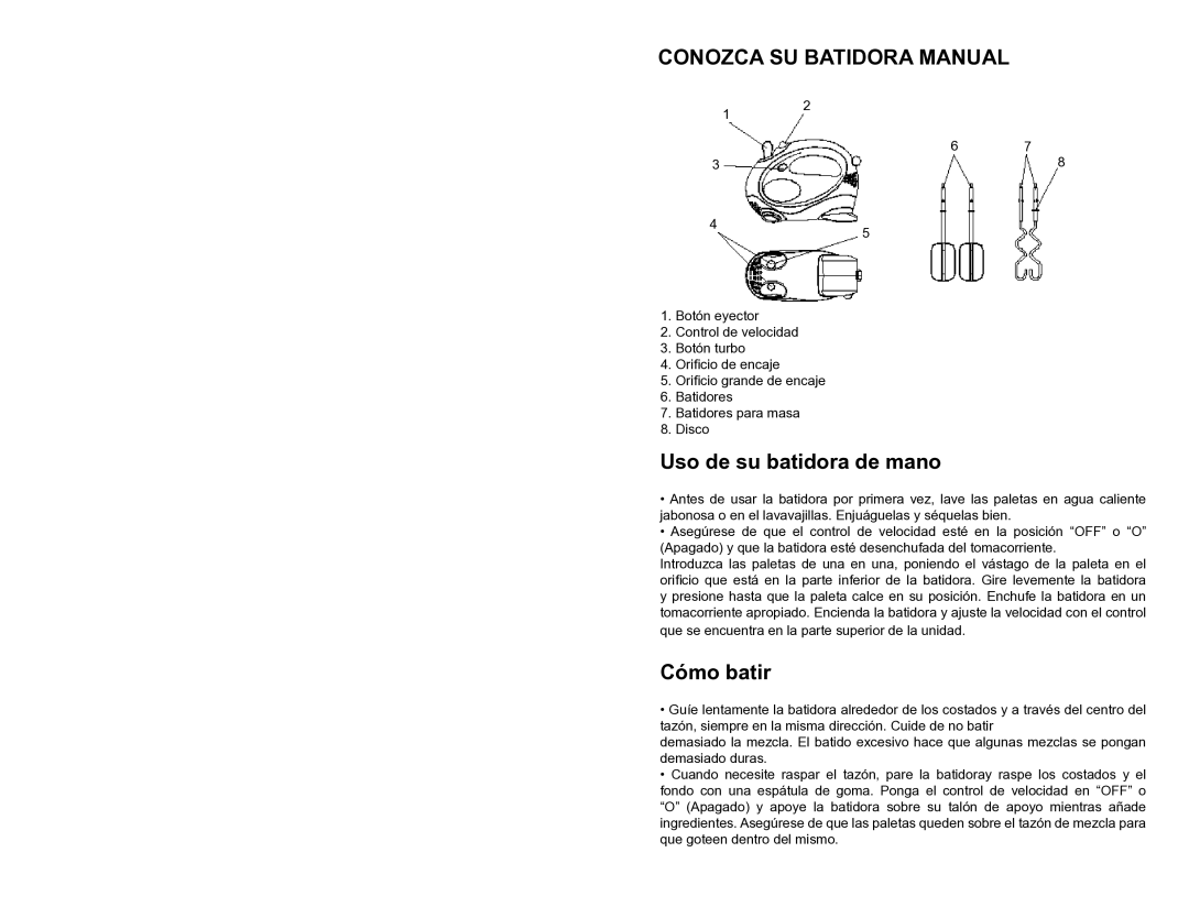 Continental Electric CP43139 manual Conozca SU Batidora Manual, Uso de su batidora de mano, Cómo batir 