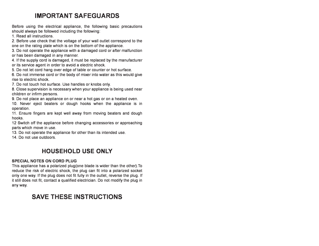 Continental Electric CP43139 Important Safeguards, Save These Instructions, Household Use Only, Special Notes On Cord Plug 