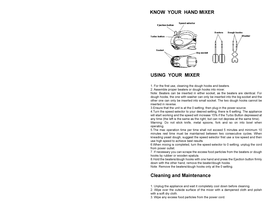 Continental Electric CP43139 manual Know Your Hand Mixer Using Your Mixer, Cleaning and Maintenance 