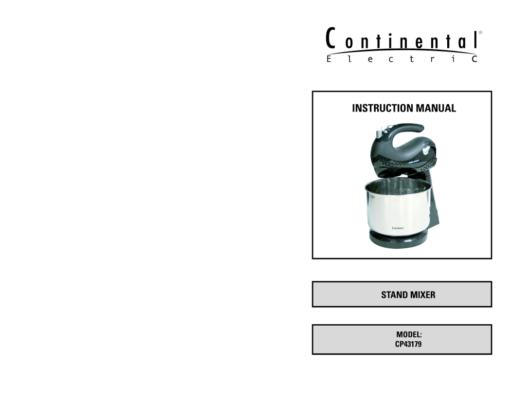 Continental Electric CP43179 instruction manual Stand Mixer 