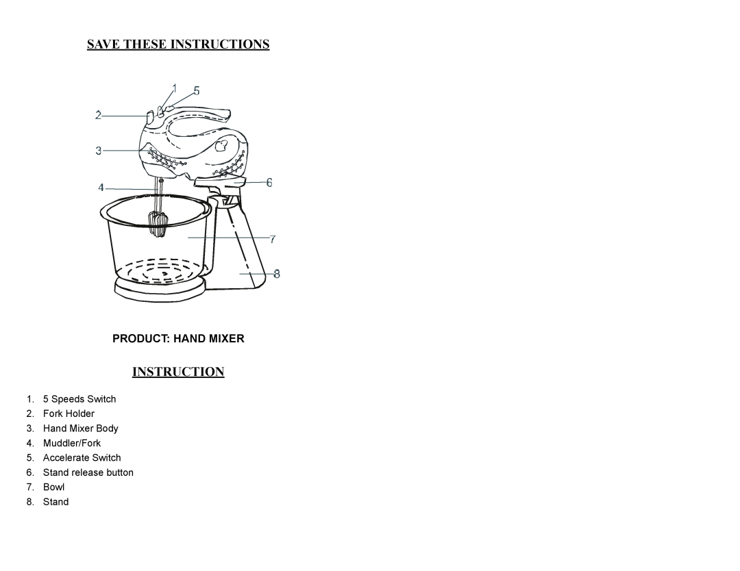 Continental Electric CP43179 instruction manual Save These Instructions, Product Hand Mixer 