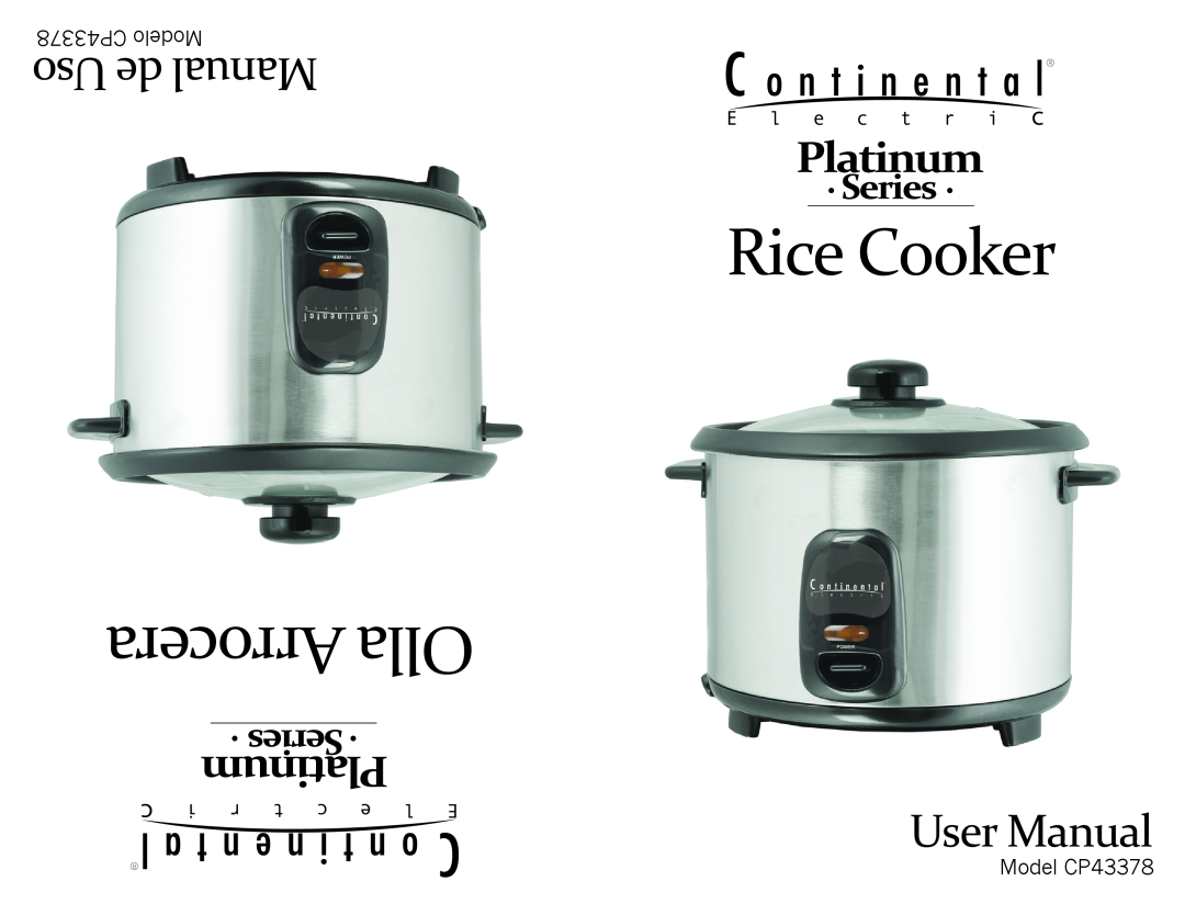 Continental Electric manual Rice Cooker ArroceraOlla, Uso de Manual, CP43378 Modelo, Model CP43378 