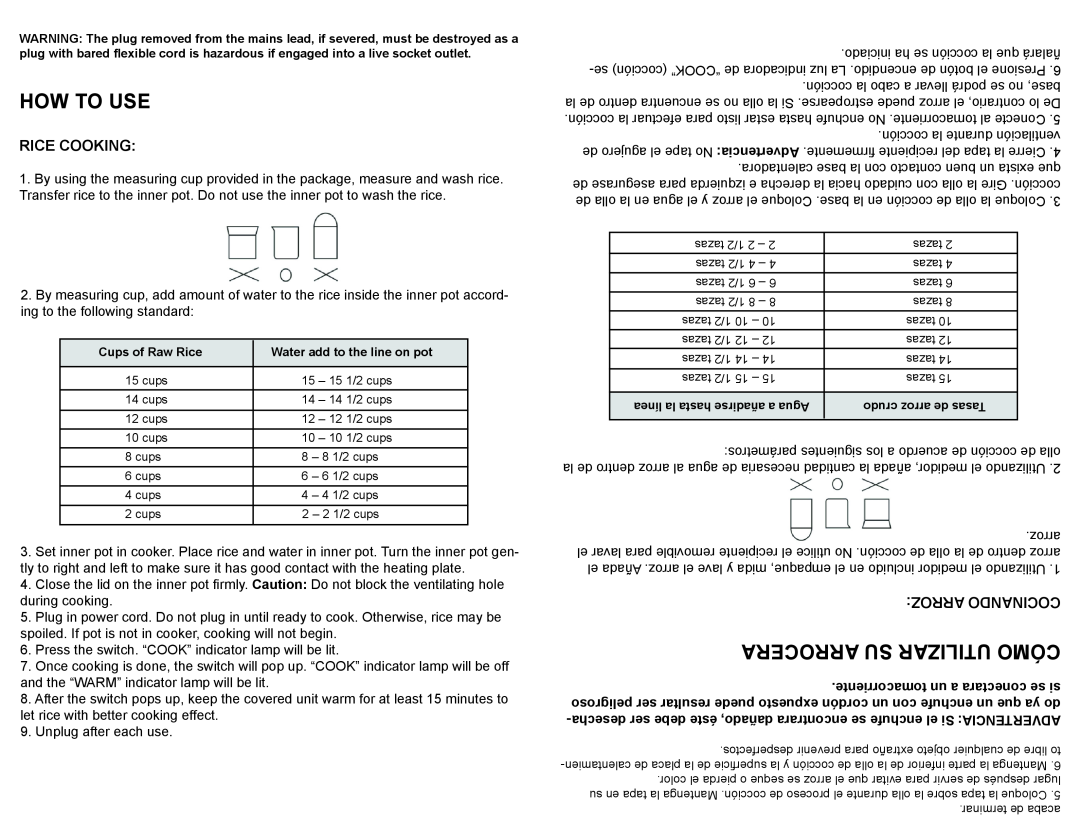 Continental Electric CP43378 manual How To Use, Arrocera Su Utilizar Cómo, Rice Cooking, Arroz Cocinando 