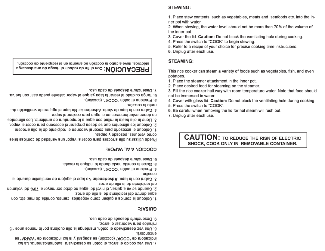 Continental Electric CP43378 manual Vapor Al A Coccion, Guisar, Stewing, Steaming, Precaución, Advertencia 