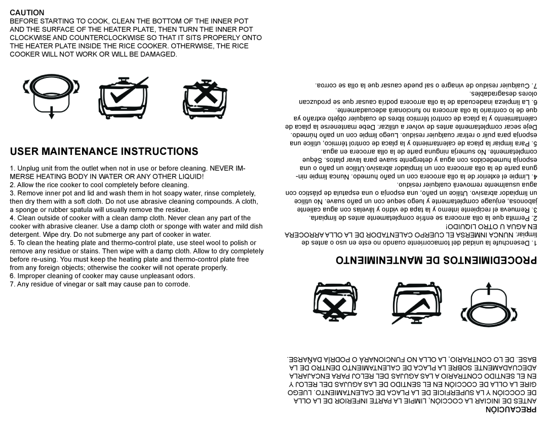 Continental Electric CP43378 manual User Maintenance Instructions, Mantenimiento De Procedimientos, Precaución 