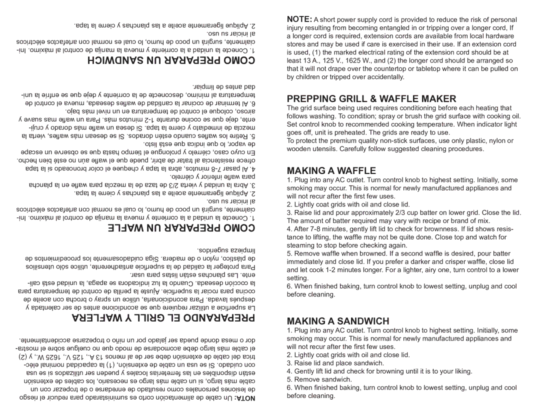 Continental Electric CP43719 user manual Prepping Grill & Waffle Maker, Making a Waffle, Making a Sandwich 