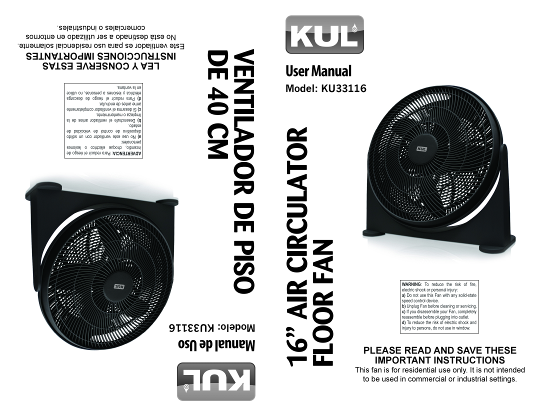 Continental Electric user manual cm de Piso, Circulator, 16” FLOOR, User Manual, Uso de Manual, KU33116 Modelo 