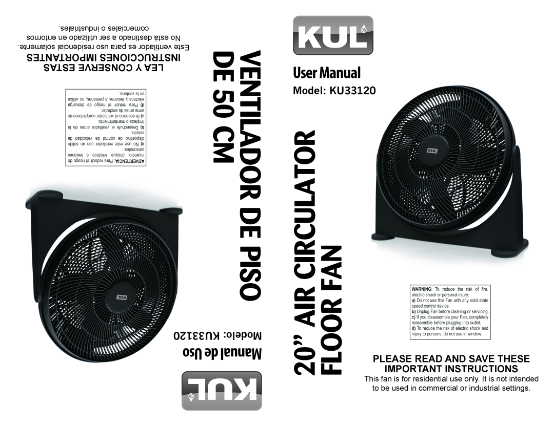 Continental Electric user manual cm de Piso, Circulator, 20” FLOOR, User Manual, Uso de Manual, KU33120 Modelo 