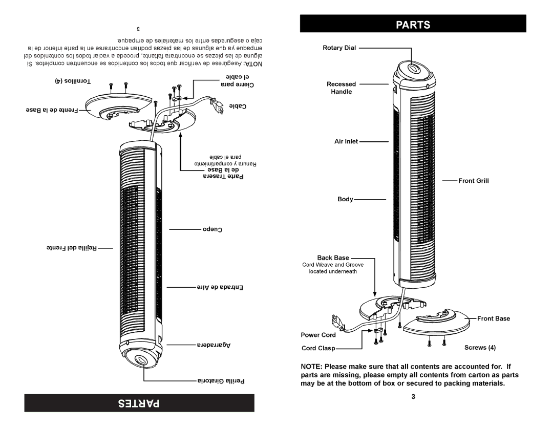 Continental Electric KU33430 user manual Parts, Partes 