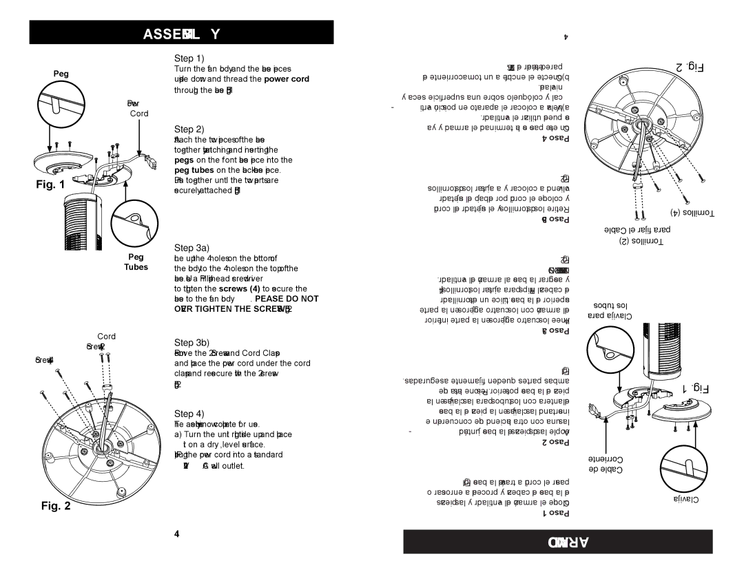 Continental Electric KU33430 user manual Assembly, Armado, Tornillos LOS Demasiado Ajuste no 