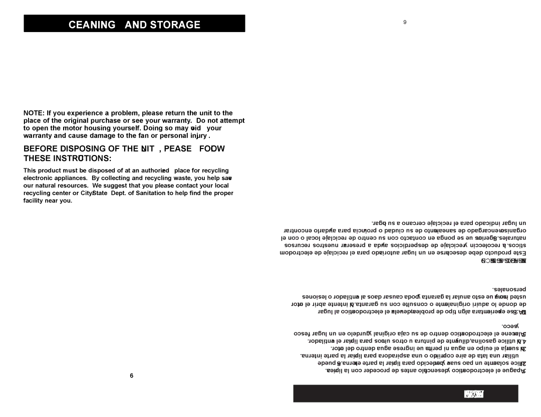 Continental Electric KU33430 user manual Cleaning and Storage, Almacenamiento Y Limpieza 