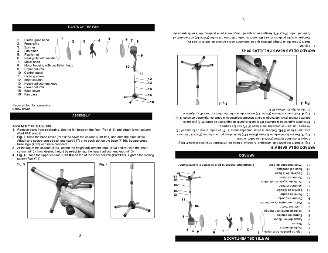 Continental Electric KU33515 user manual Aspas LAS DE Armado, #16 Base LA DE Armado, Ventilador DEL Partes 
