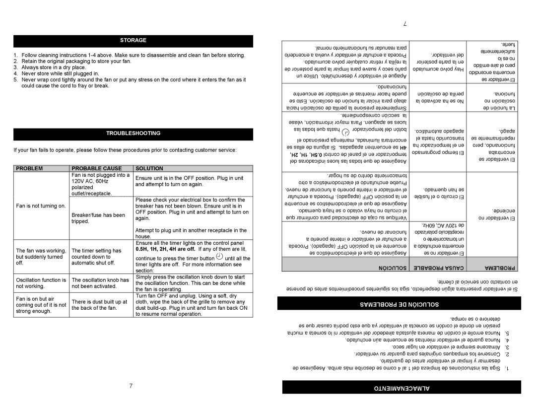 Continental Electric KU33515 user manual Problemas DE Solución, Almacenamiento, Storage, Troubleshooting 