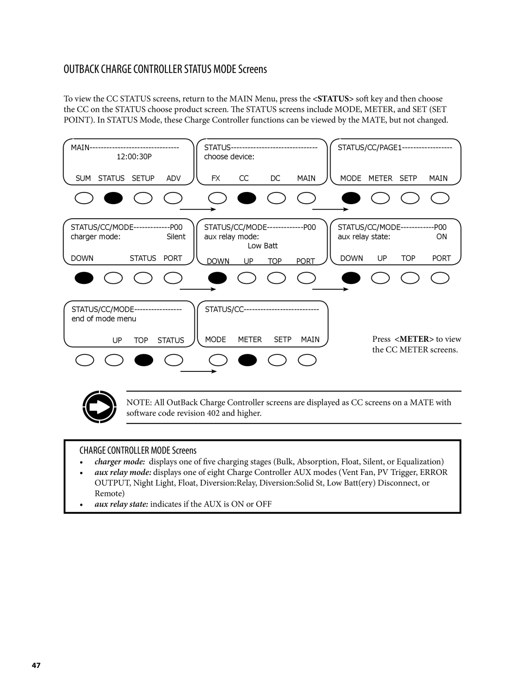 Continental Home MATE2 manual Outback Charge Controller Status Mode Screens, Charge Controller Mode Screens 