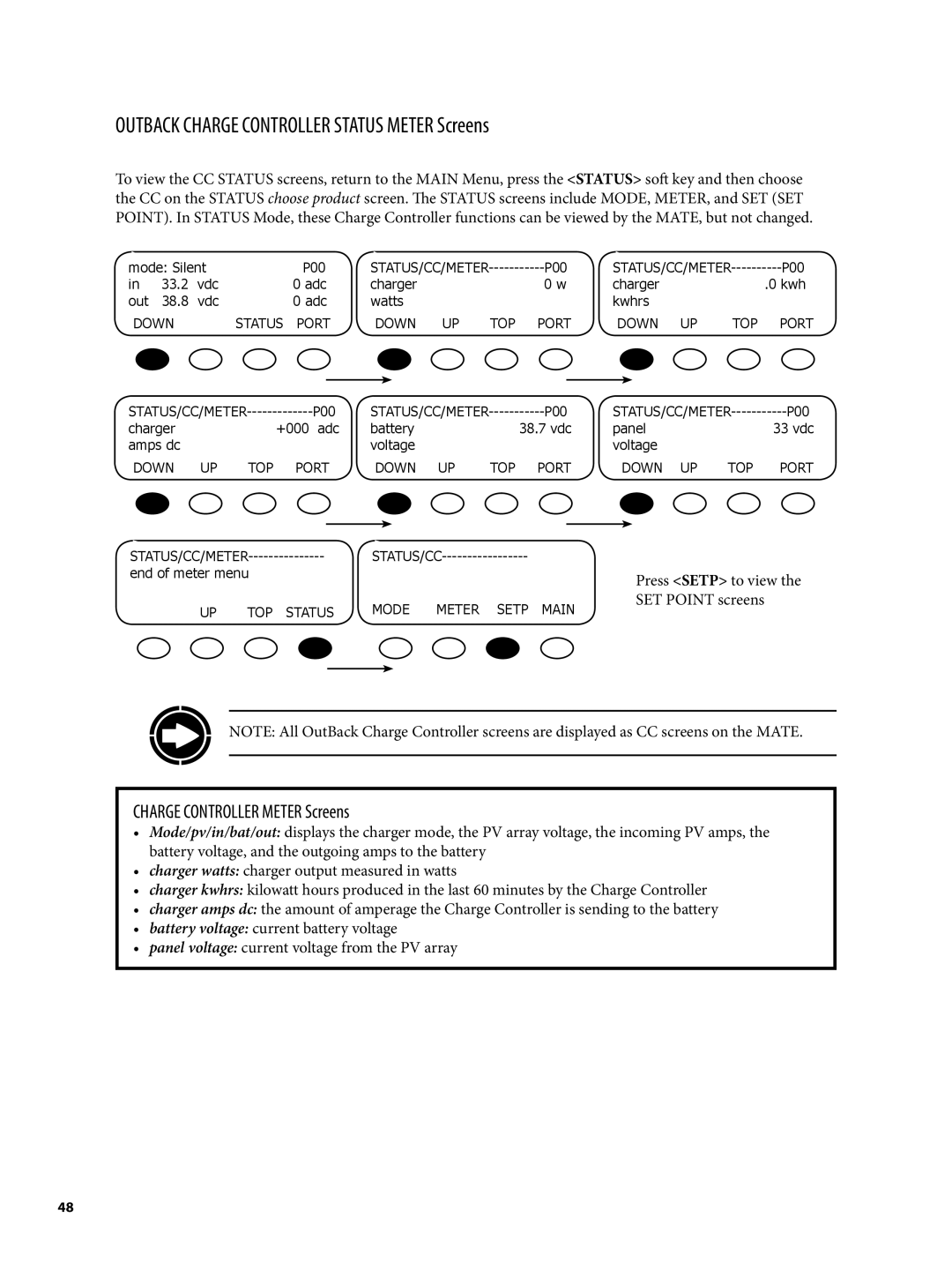 Continental Home MATE2 manual Outback Charge Controller Status Meter Screens, Charge Controller Meter Screens 
