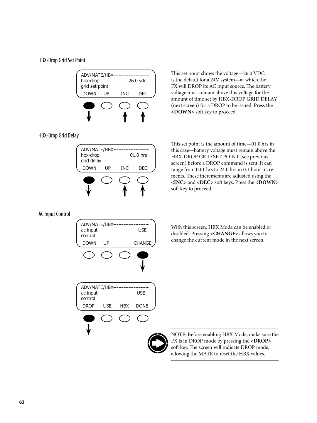 Continental Home MATE2 manual HBX-Drop Grid Set Point, HBX-Drop Grid Delay, AC Input Control 