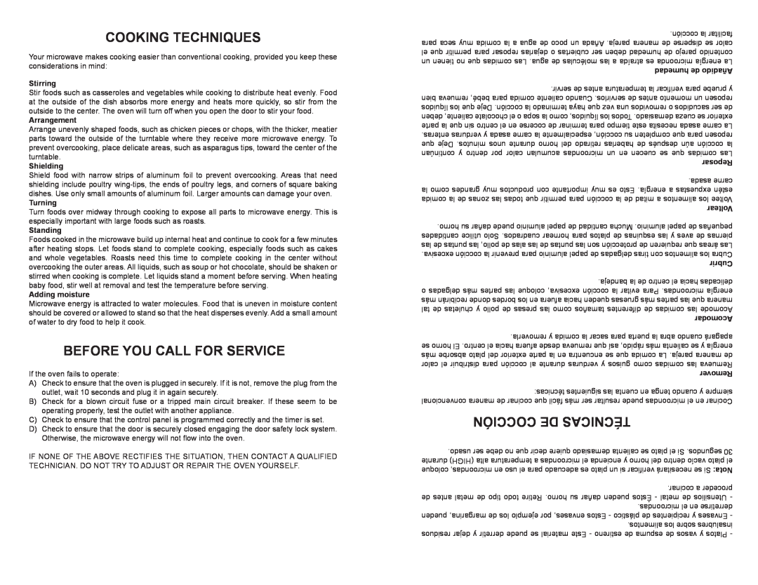 Continental Platinum CP38711 instruction manual Cooking Techniques, Before You Call For Service, Cocción De Técnicas 