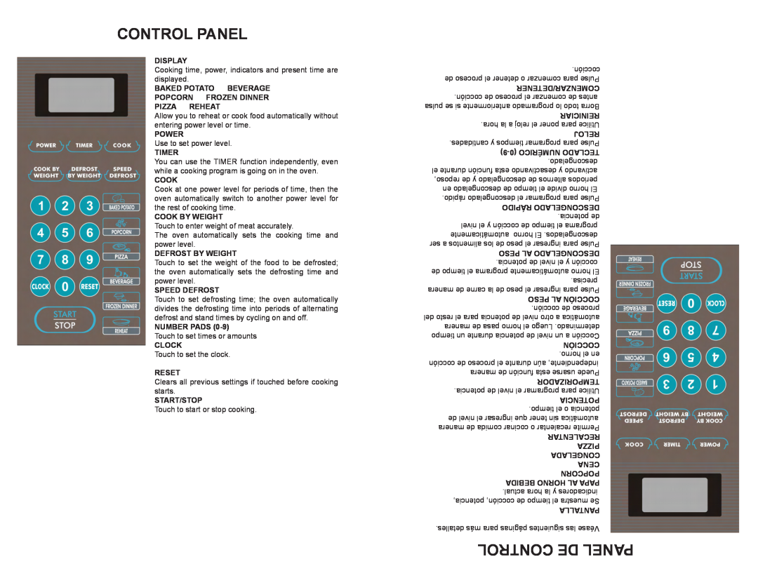 Continental Platinum CP38711 instruction manual Control Panel, Control De Panel 