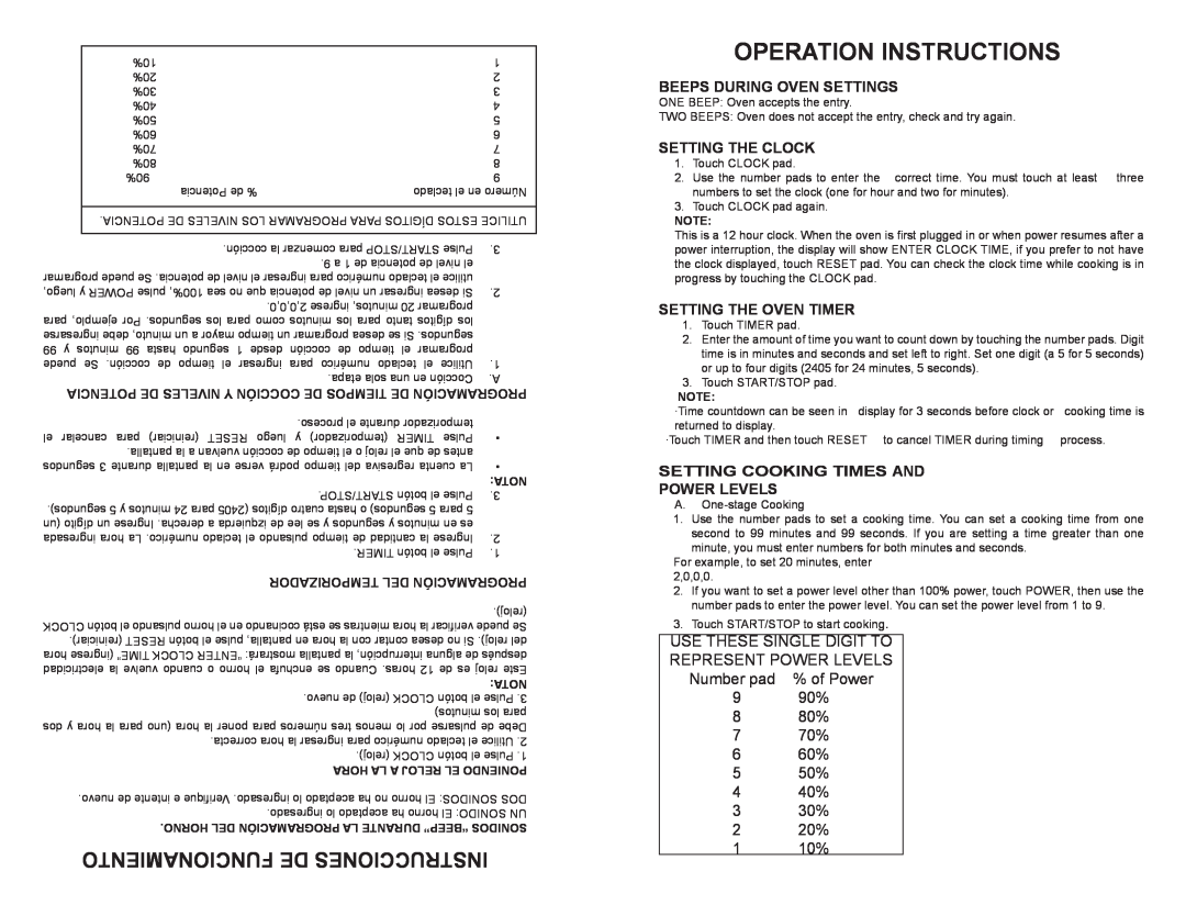 Continental Platinum CP38711 instruction manual Operation Instructions, Funcionamiento De Instrucciones 