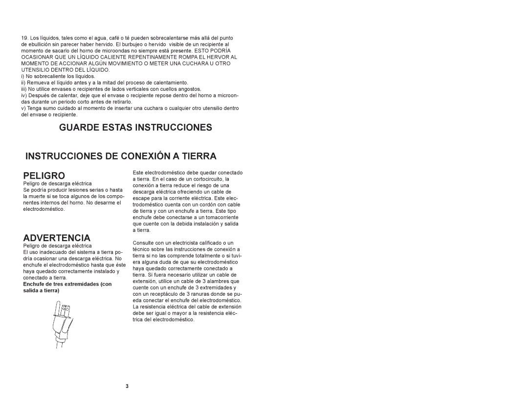 Continental Platinum CP41079 instruction manual Advertencia, Enchufe de tres extremidades con salida a tierra 