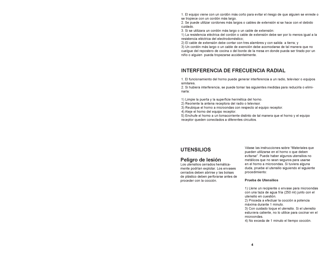 Continental Platinum CP41079 instruction manual Interferencia DE Frecuencia Radial, Prueba de Utensilios 