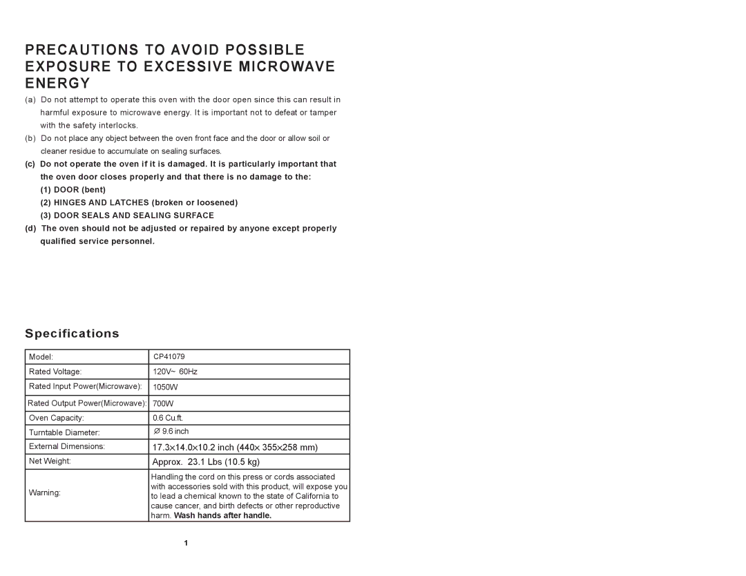 Continental Platinum CP41079 instruction manual Door Seals and Sealing Surface, Harm. Wash hands after handle 