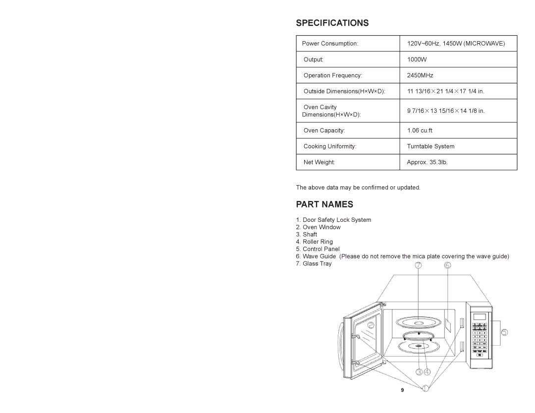 Continental Platinum CP41119 instruction manual Specifications, Part Names 