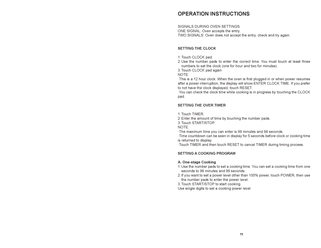 Continental Platinum CP41119 Operation Instructions, Setting the Clock, Setting the Over Timer, Setting a Cooking Program 