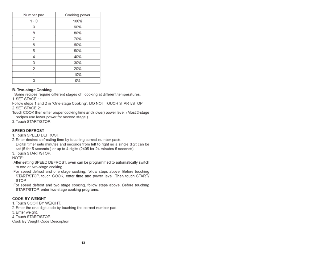 Continental Platinum CP41119 instruction manual Two-stage Cooking, Speed Defrost, Cook by Weight 